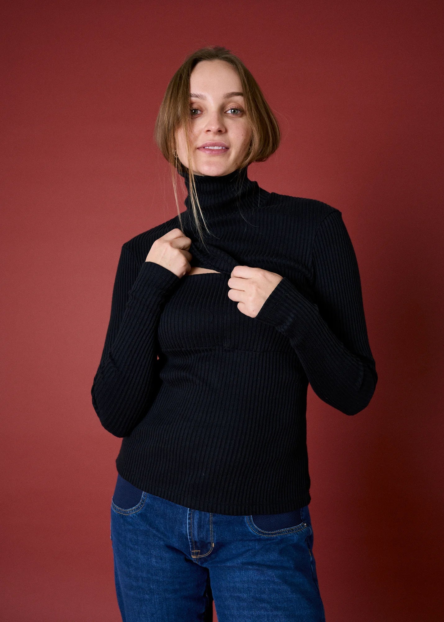 Ribbed Nursing Turtleneck Long Sleeve Knit - Ilouity