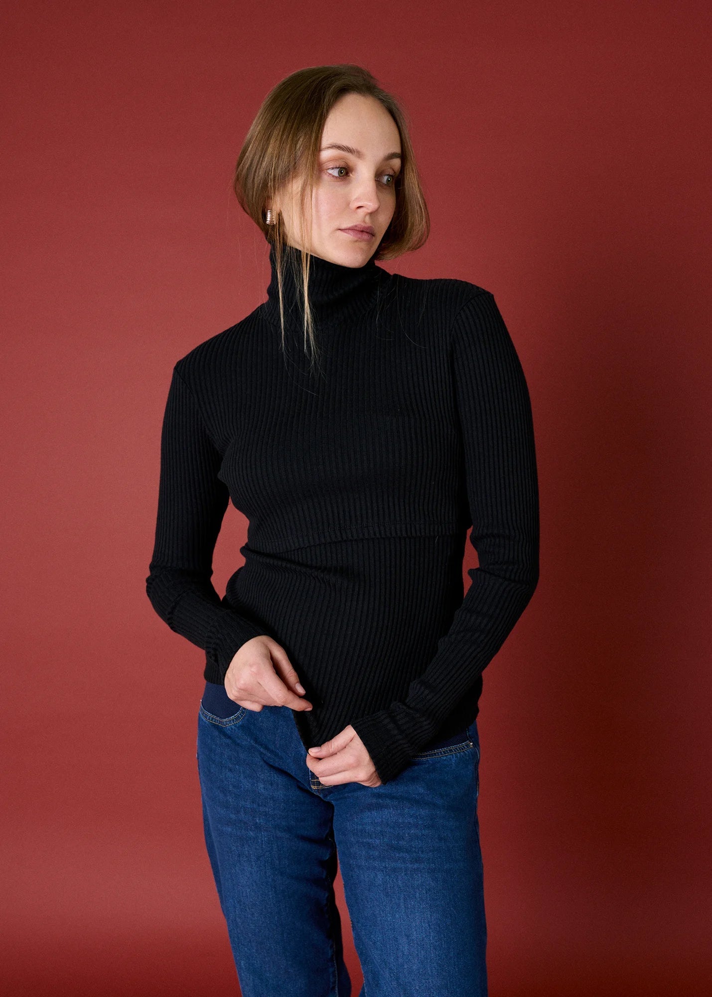 Ribbed Nursing Turtleneck Long Sleeve Knit - Ilouity